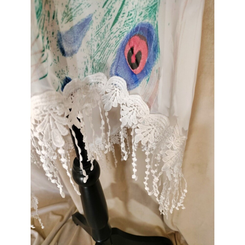 NWOT! Venus Strappy Sheer White V-Neck Boho CoverUp w/Peacock Motif. Size XL - Picture 3 of 6